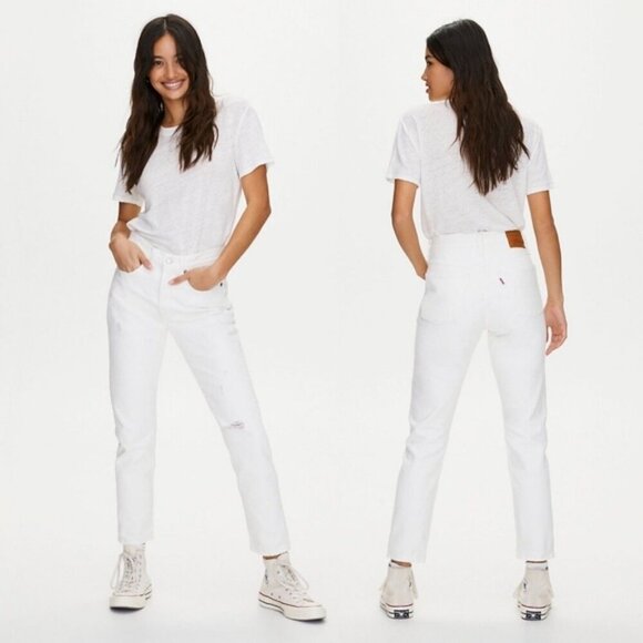 Levis 501 Button Fly Jeans Off White Ripped Straight Leg 100% Cotton No Stretch - Picture 1 of 14